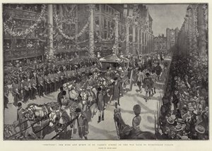 Coroado, o rei e a rainha na rua de St James no caminho de volta ao Palácio de Buckingham